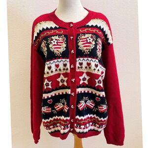 Heirloom Collectibles Vintage Patriotic Cardigan XL Red Stars Stripes Flags Knit